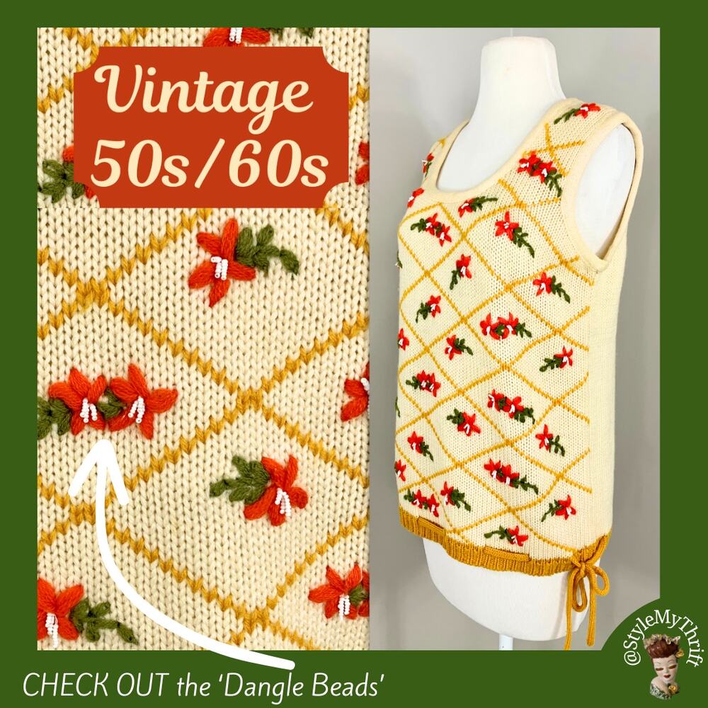 Vintage 50s 60s Sweater Vest Floral Beaded Fall Winter Midcentury Rockabilly